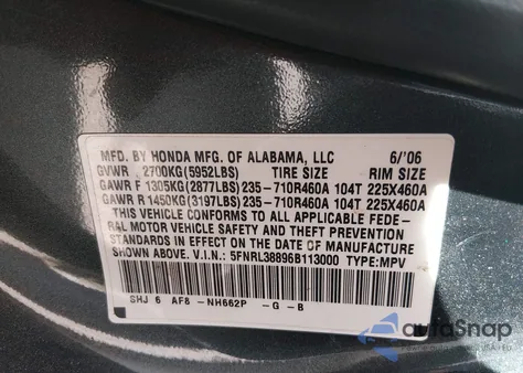 2006 Honda Odyssey Touring z USA, uszkodzony, nr VIN 5FNRL38896B113000